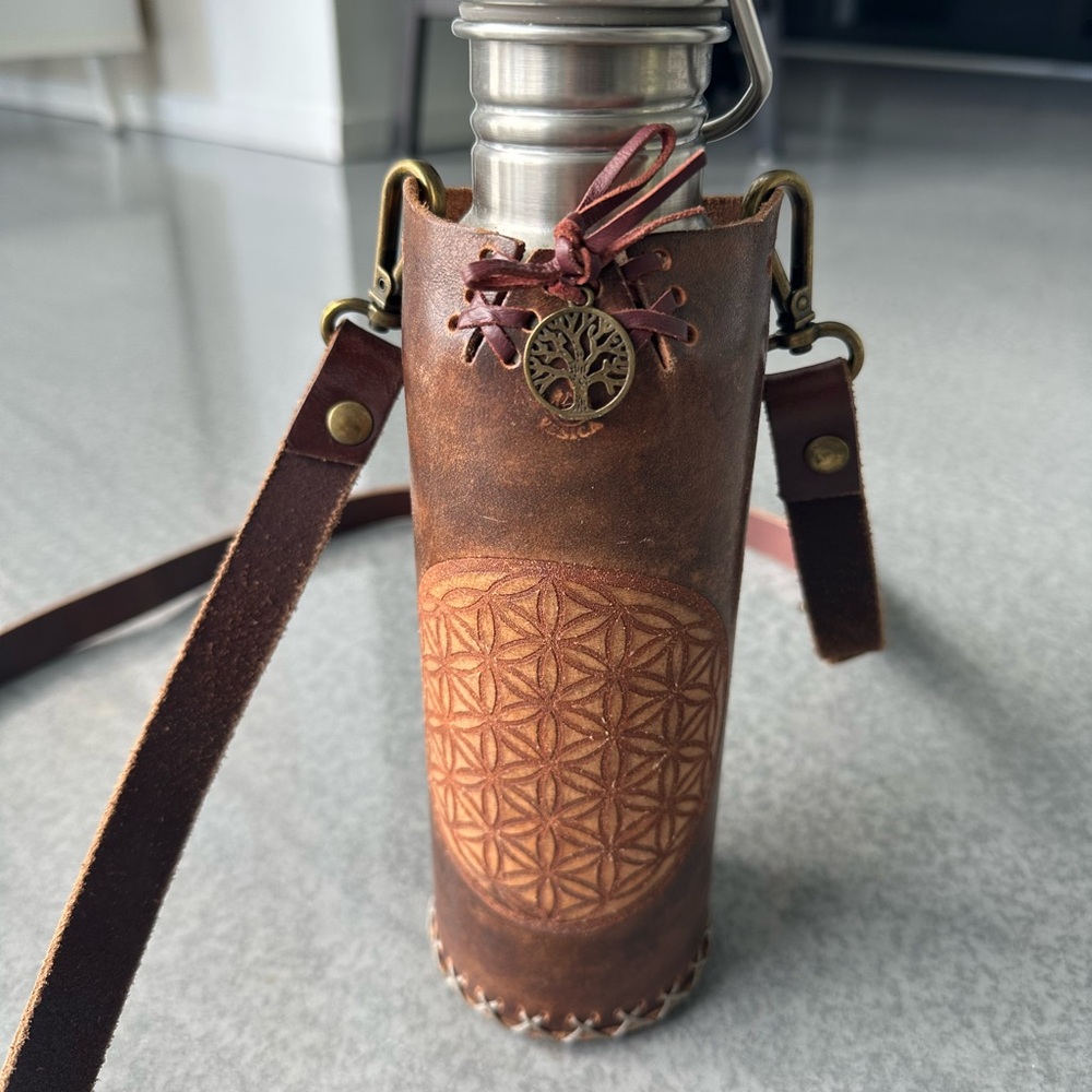 Brown Leather Water Bottle Holder with Tree Charm